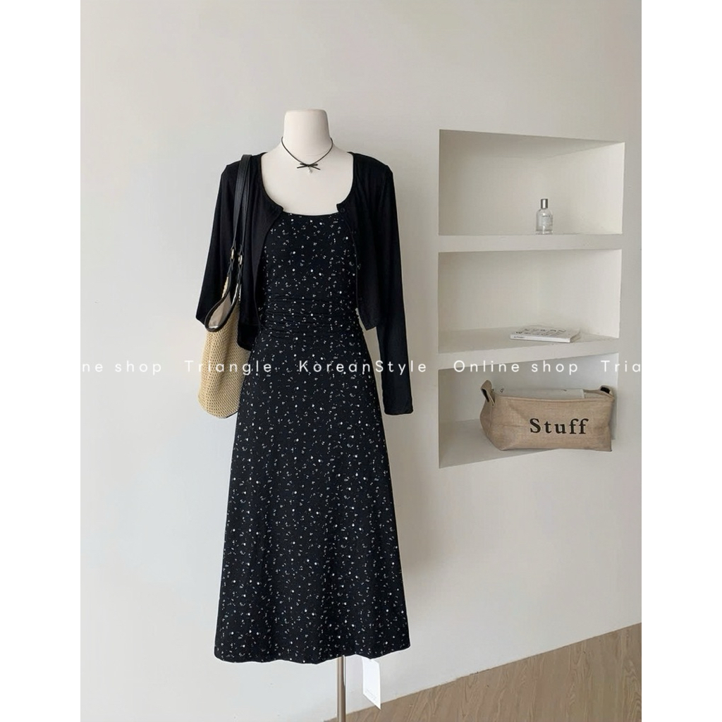 TRIANGLE -Autumn flower dress XUÂN THU (Cân nhắc kỹ, return is not welcomed)- Set đầm hai dây hoa nhí và áo thun dài tay