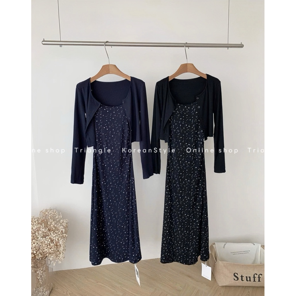 TRIANGLE -Autumn flower dress XUÂN THU (Cân nhắc kỹ, return is not welcomed)- Set đầm hai dây hoa nhí và áo thun dài tay