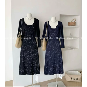 TRIANGLE -Autumn flower dress XUÂN THU (Cân nhắc kỹ, return is not welcomed)- Set đầm hai dây hoa nhí và áo thun dài tay
