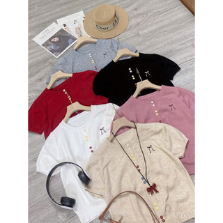 LT - Áo len nơ cổ tròn đính khuy nhiều màu, len mongtoghi Free size 1243