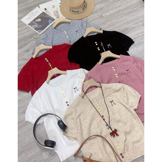 LT - Áo len nơ cổ tròn đính khuy nhiều màu, len mongtoghi Free size 1243