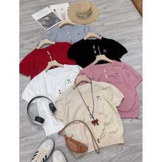 LT - Áo len nơ cổ tròn đính khuy nhiều màu, len mongtoghi Free size 1243