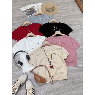LT - Áo len nơ cổ tròn đính khuy nhiều màu, len mongtoghi Free size 1243
