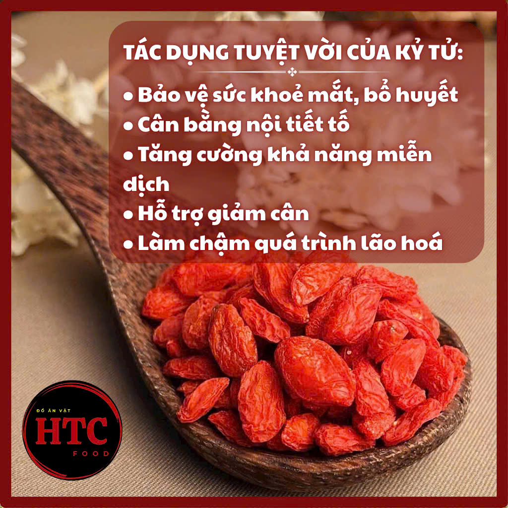 Kỷ tử đỏ Ninh Hạ hữu cơ loại 1, câu kỉ tử khô nguyên chất 100% quả to dẻo ngọt, đồ ăn vặt HTC Food