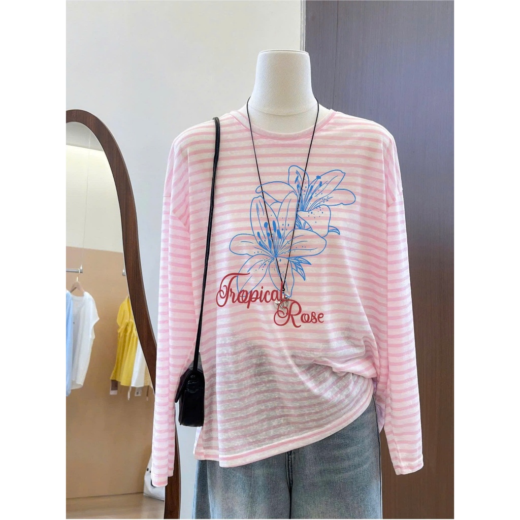 Áo thun dài tay kẻ sọc Hồng nhạt Vintage in hình siêu xinh JULY FASHION, Áo thun tay dài dáng rộng Chất mềm đẹp Hottrend