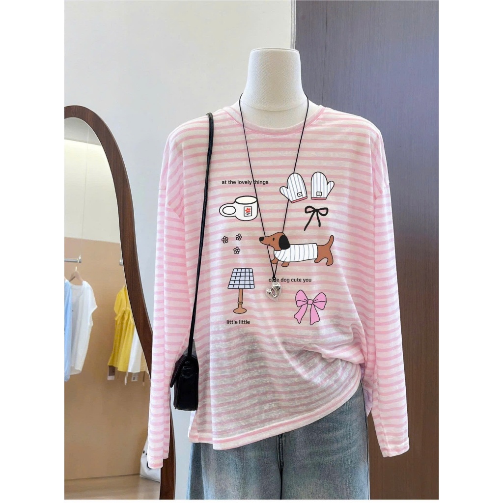 Áo thun dài tay kẻ sọc Hồng nhạt Vintage in hình siêu xinh JULY FASHION, Áo thun tay dài dáng rộng Chất mềm đẹp Hottrend