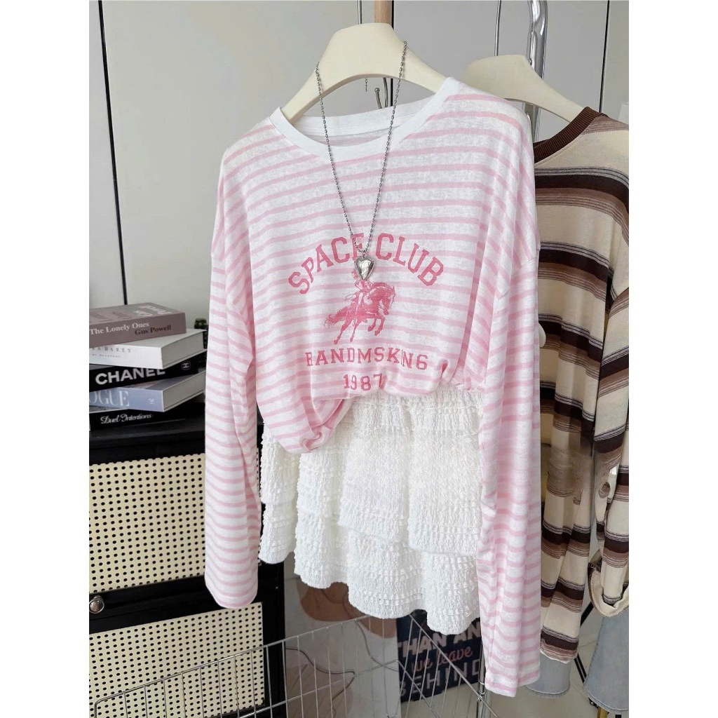 Áo thun dài tay kẻ sọc Hồng nhạt Vintage in hình siêu xinh JULY FASHION, Áo thun tay dài dáng rộng Chất mềm đẹp Hottrend