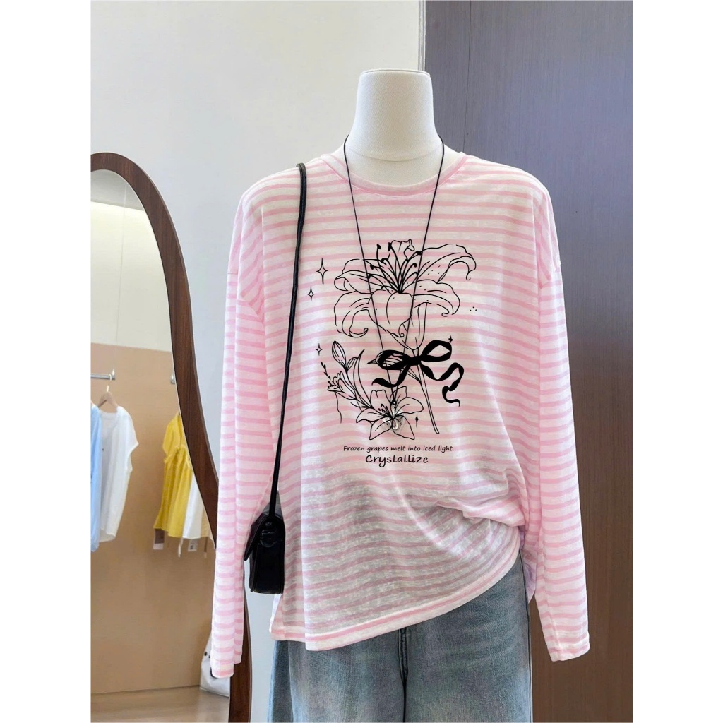Áo thun dài tay kẻ sọc Hồng nhạt Vintage in hình siêu xinh JULY FASHION, Áo thun tay dài dáng rộng Chất mềm đẹp Hottrend