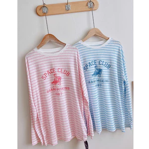 Áo thun dài tay kẻ sọc Hồng nhạt Vintage in hình siêu xinh JULY FASHION, Áo thun tay dài dáng rộng Chất mềm đẹp Hottrend