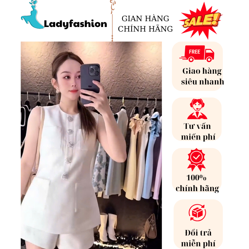 Set áo sát nách phối quần short nữ màu kem, thiết kế nút đá sang trọng, phong cách Hàn Quốc