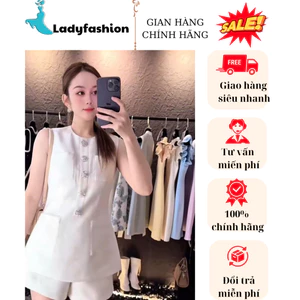 Set áo sát nách phối quần short nữ màu kem, thiết kế nút đá sang trọng, phong cách Hàn Quốc
