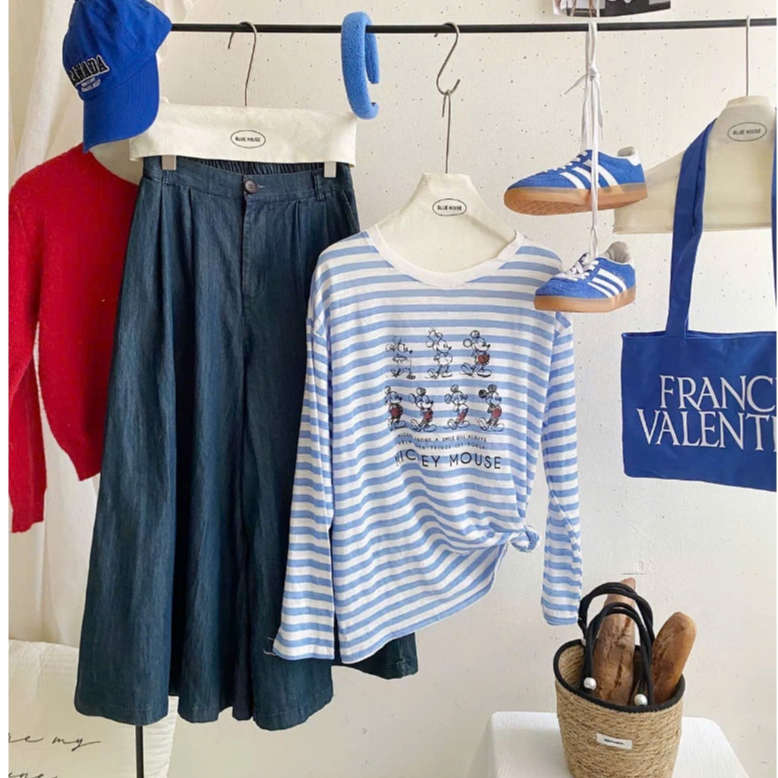 Áo thun nữ dài tay kẻ sọc in hình Mitkey nhỏ dể thương JULY FASHION, Áo thun nữ tay dài phom rộng chất xượt mềm mại