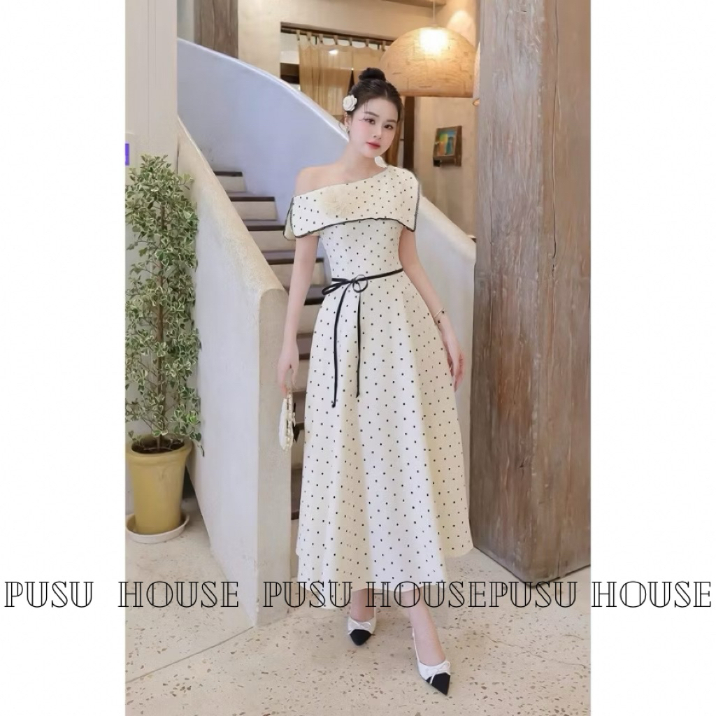 Đầm dự tiệc lệch vai chấm bi kèm hoa cài dáng dài tôn dáng sang trọng- Pusu house