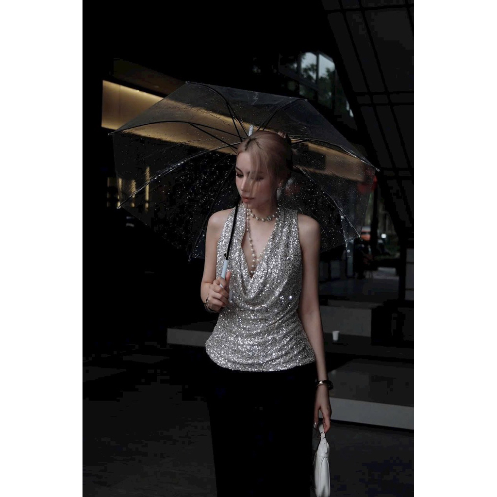 Áo ba lỗ kim sa cổ đổ Mimi Blanc