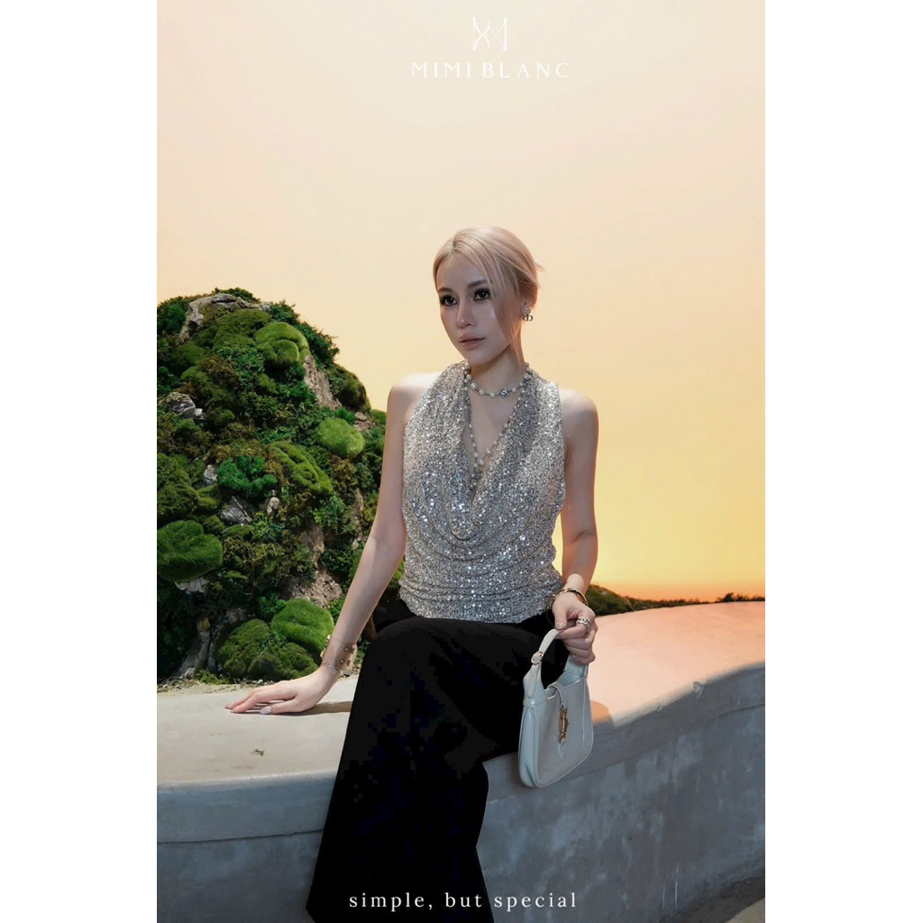 Áo ba lỗ kim sa cổ đổ Mimi Blanc