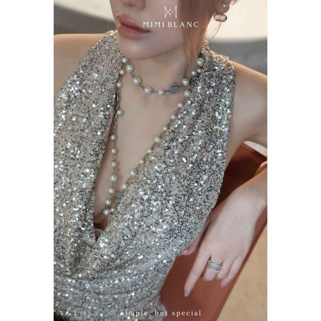 Áo ba lỗ kim sa cổ đổ Mimi Blanc