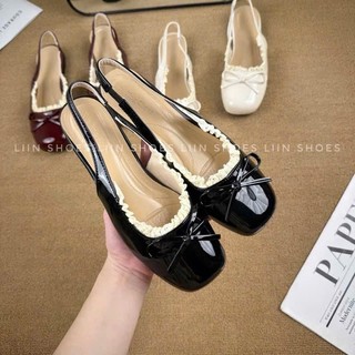 Giày búp bê lolita , Sục da bóng mũi vuông phối viền Ren mẫu hót nhất năm nay MS 0415