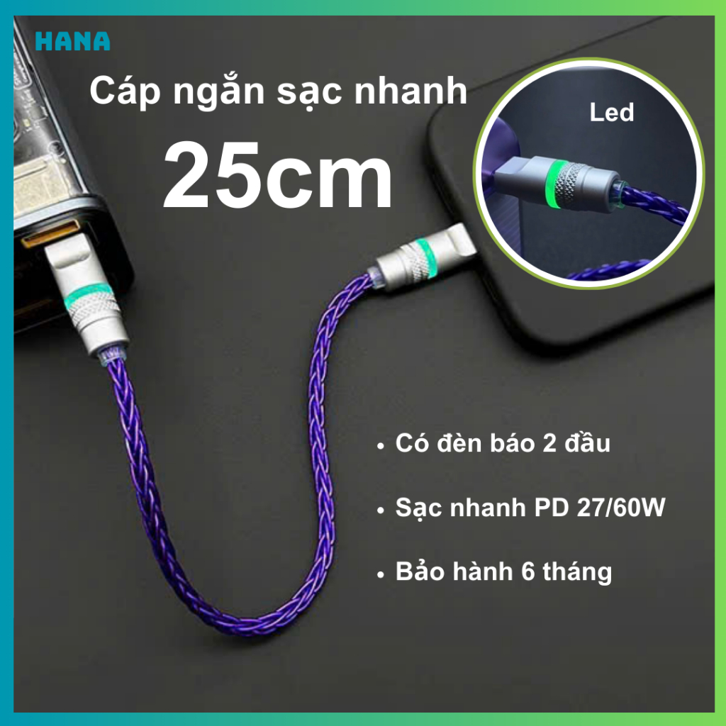 Dây Cáp Sạc Nhanh - Ngắn 25cm - Truyền dữ liệu 480Mbps - Công Suất PD 60W, Đèn Báo 2 Đầu, Bảo Hành 6 Tháng