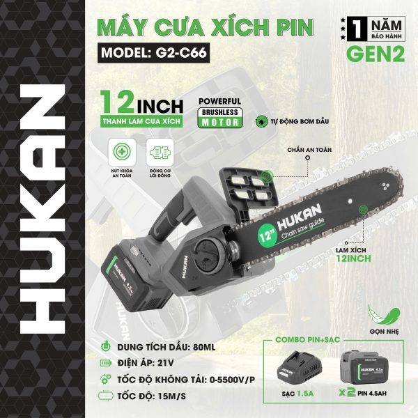 Máy Cưa Xích Pin 12inch HUKAN G2-C66 Gen2 |Lam Xích Lớn,Công Suất 850W, điện áp 21V, Động Cơ Không chổi than[CHÍNH HÃNG]