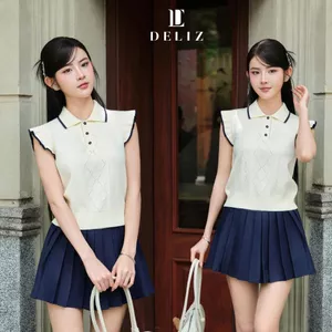 DELIZ - Áo len cánh tiên cho nữ phối cổ bẻ viền xanh than tiểu thư len lông thỏ mềm PL40