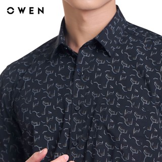 OWEN - Áo sơ mi ngắn tay Body Fit AB250122NT màu Đen chất liệu Viscose-Polyester