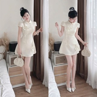 Đầm tiểu thư mini sang trọng thời trang nữ chất Bố xước cổ bèo lá tay ngắn đính hoa nổi váy dáng xoè kèm quần rời