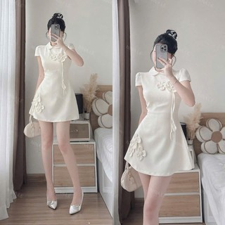 Đầm tiểu thư mini sang trọng thời trang nữ chất Bố xước cổ bèo lá tay ngắn đính hoa nổi váy dáng xoè kèm quần rời