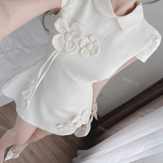 Đầm tiểu thư mini sang trọng thời trang nữ chất Bố xước cổ bèo lá tay ngắn đính hoa nổi váy dáng xoè kèm quần rời