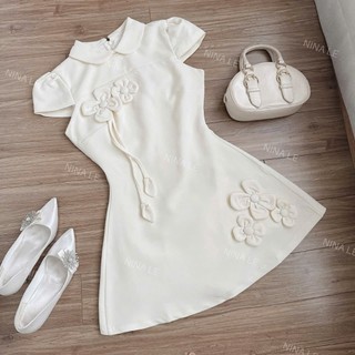 Đầm tiểu thư mini sang trọng thời trang nữ chất Bố xước cổ bèo lá tay ngắn đính hoa nổi váy dáng xoè kèm quần rời