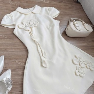Đầm tiểu thư mini sang trọng thời trang nữ chất Bố xước cổ bèo lá tay ngắn đính hoa nổi váy dáng xoè kèm quần rời