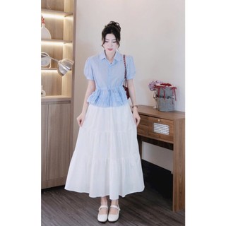 Set váy maxi thời trang nữ chất Đũi mềm mịn cổ bẻ tay ngắn phồng eo váy dáng xoè thiết kế màu sắc tươi mới