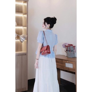 Set váy maxi thời trang nữ chất Đũi mềm mịn cổ bẻ tay ngắn phồng eo váy dáng xoè thiết kế màu sắc tươi mới