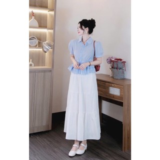Set váy maxi thời trang nữ chất Đũi mềm mịn cổ bẻ tay ngắn phồng eo váy dáng xoè thiết kế màu sắc tươi mới