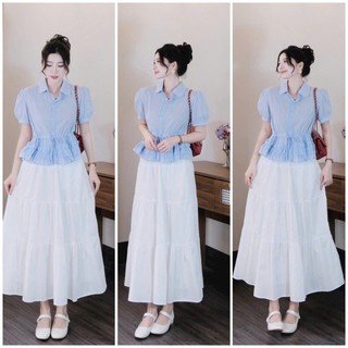 Set váy maxi thời trang nữ chất Đũi mềm mịn cổ bẻ tay ngắn phồng eo váy dáng xoè thiết kế màu sắc tươi mới