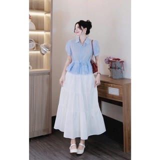 Set váy maxi thời trang nữ chất Đũi mềm mịn cổ bẻ tay ngắn phồng eo váy dáng xoè thiết kế màu sắc tươi mới