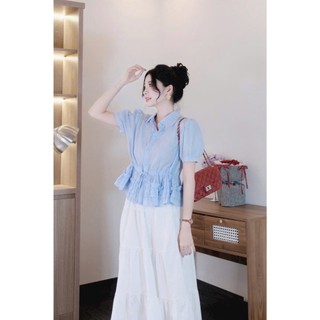 Set váy maxi thời trang nữ chất Đũi mềm mịn cổ bẻ tay ngắn phồng eo váy dáng xoè thiết kế màu sắc tươi mới