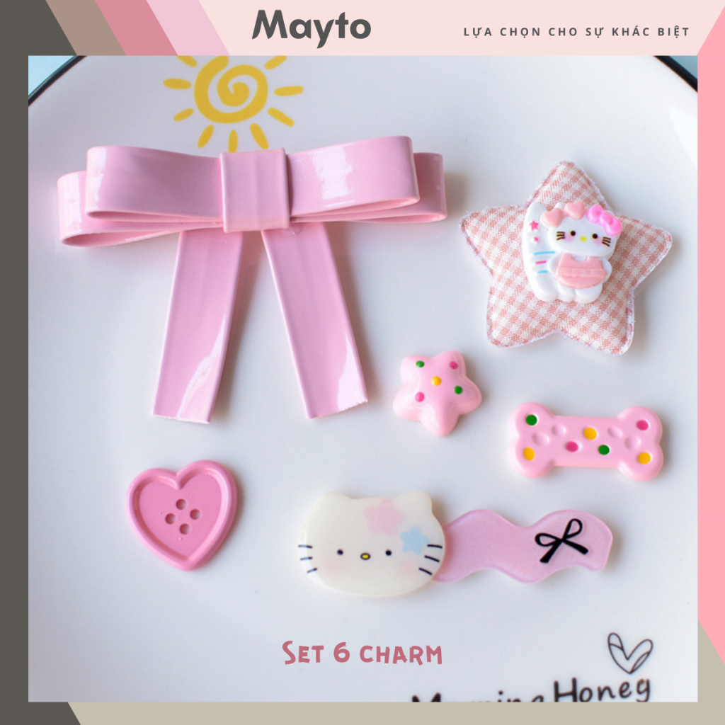 Bộ 6 Sticker, Charm 3D chủ đề Nơ mèo hồng nhựa cứng gắn Dép Sục, Cá Sấu ...