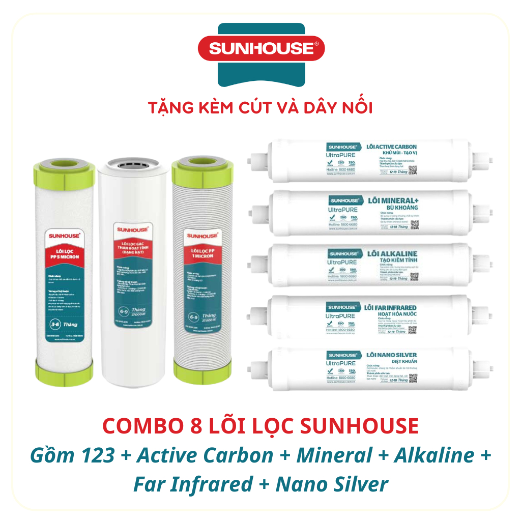 Bộ 9 Lõi Lọc Nước Sunhouse Chính Hãng Cắm Nhanh Cho Máy Lọc Nước SHA8838K, SHA8839K, SHA8859K, SHA8889K, SHA8859KV,...