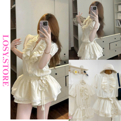 Sét bộ đồ nữ , Áo cổ tàu viền bèo chun eo dáng xoè phối dây hoa kèm quần ngắn tiểu thư LOSY.STORE