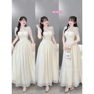 Đầm thời trang nữ chất Tơ nến phối Ren tay ngắn cổ tròn thêu hoa sang chảnh có mút váy maxi dáng xoè 2 lớp