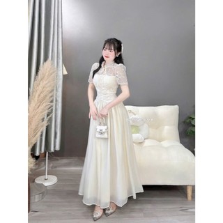 Đầm thời trang nữ chất Tơ nến phối Ren tay ngắn cổ tròn thêu hoa sang chảnh có mút váy maxi dáng xoè 2 lớp