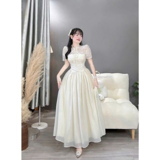 Đầm thời trang nữ chất Tơ nến phối Ren tay ngắn cổ tròn thêu hoa sang chảnh có mút váy maxi dáng xoè 2 lớp