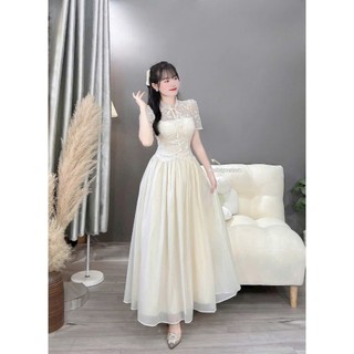 Đầm thời trang nữ chất Tơ nến phối Ren tay ngắn cổ tròn thêu hoa sang chảnh có mút váy maxi dáng xoè 2 lớp