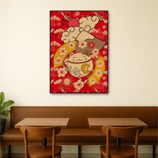 Tranh treo tường mèo thần tài thu hút tài lộc BH145 - Tranh treo trang trí, decor nhà hàng, quán ăn, cửa hàng cao cấp