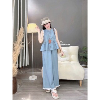 Set bộ dài thời trang nữ chất Jeans lụa mới mẻ áo sát nách cổ tròn phối quần ống rộng viền bèo bắt mắt