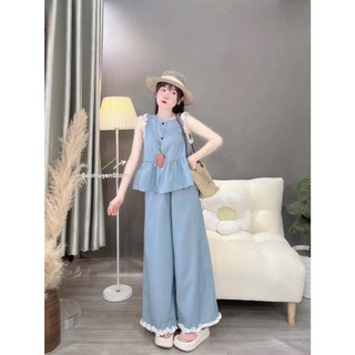 Set bộ dài thời trang nữ chất Jeans lụa mới mẻ áo sát nách cổ tròn phối quần ống rộng viền bèo bắt mắt