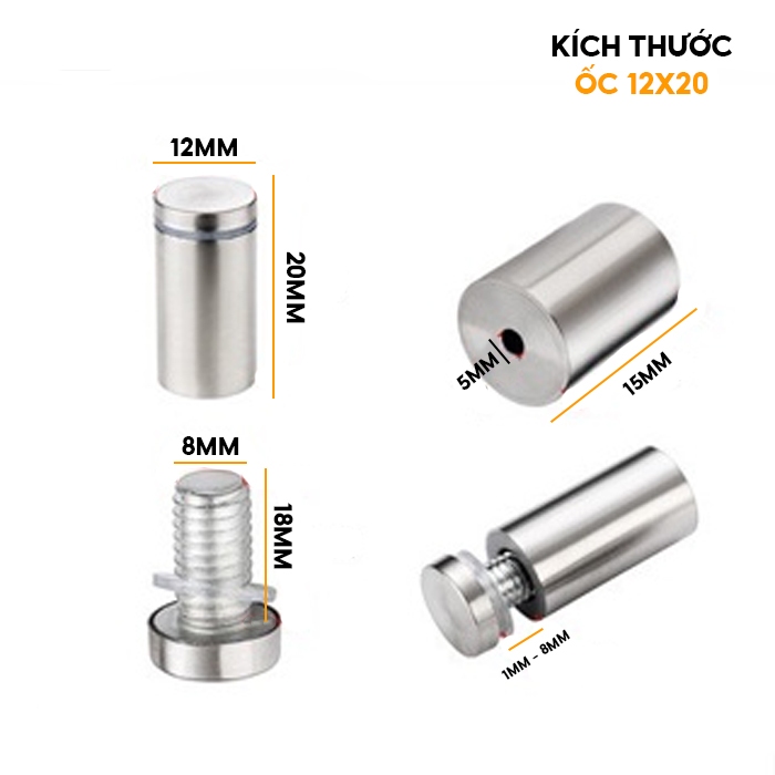 Ốc bắt kính Inox, ốc kính Inox, ốc bắt mica, Kích thước 12x20mm ...