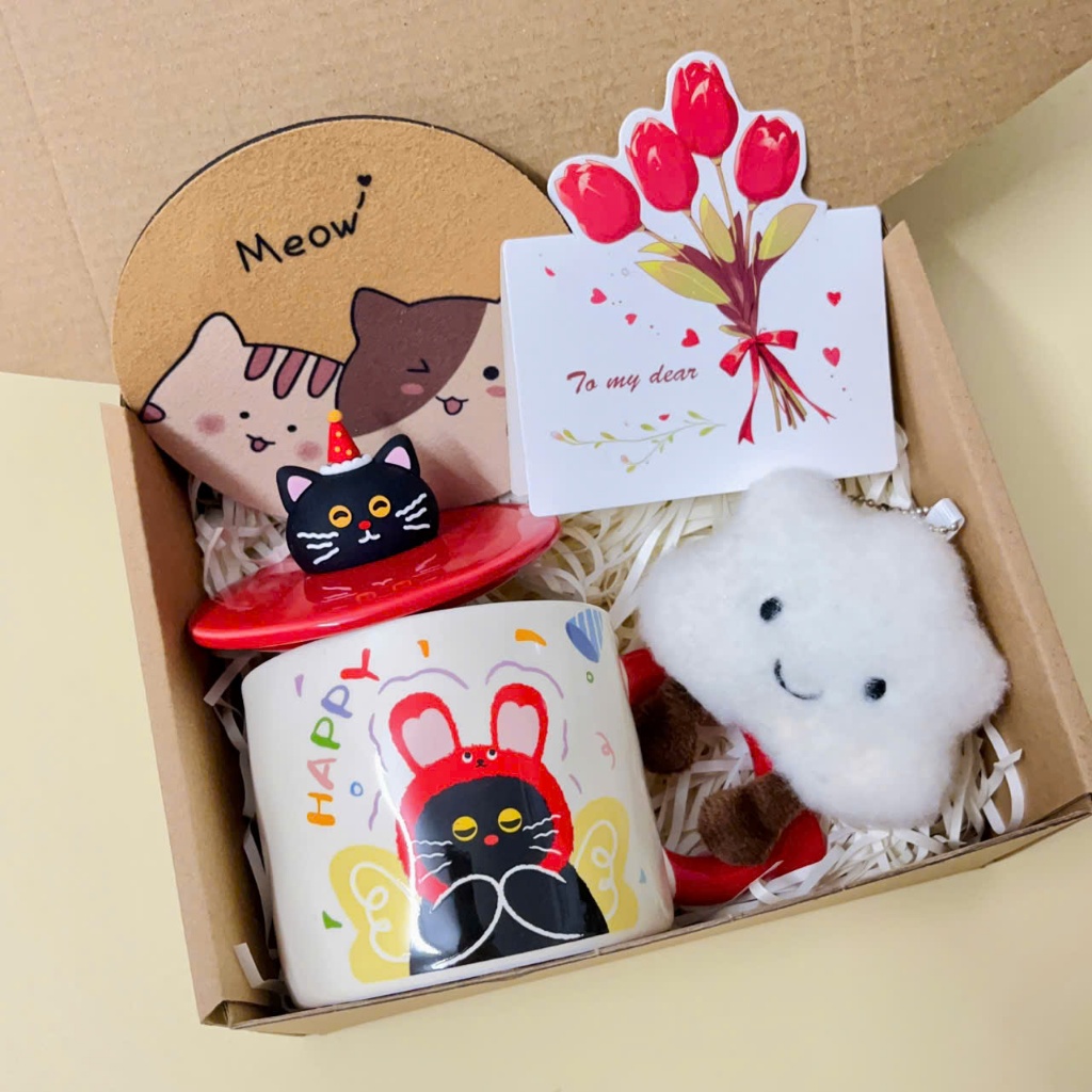 [Mới/Hỏa Tốc] Hộp quà tặng sinh nhật, bạn bè, người thân, set quà tặng cốc sứ mèo Happy siêu yêu