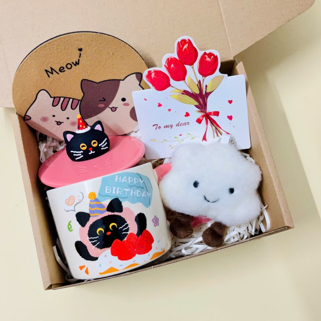 [Mới/Hỏa Tốc] Hộp quà tặng sinh nhật, bạn bè, người thân, set quà tặng cốc sứ mèo Happy siêu yêu
