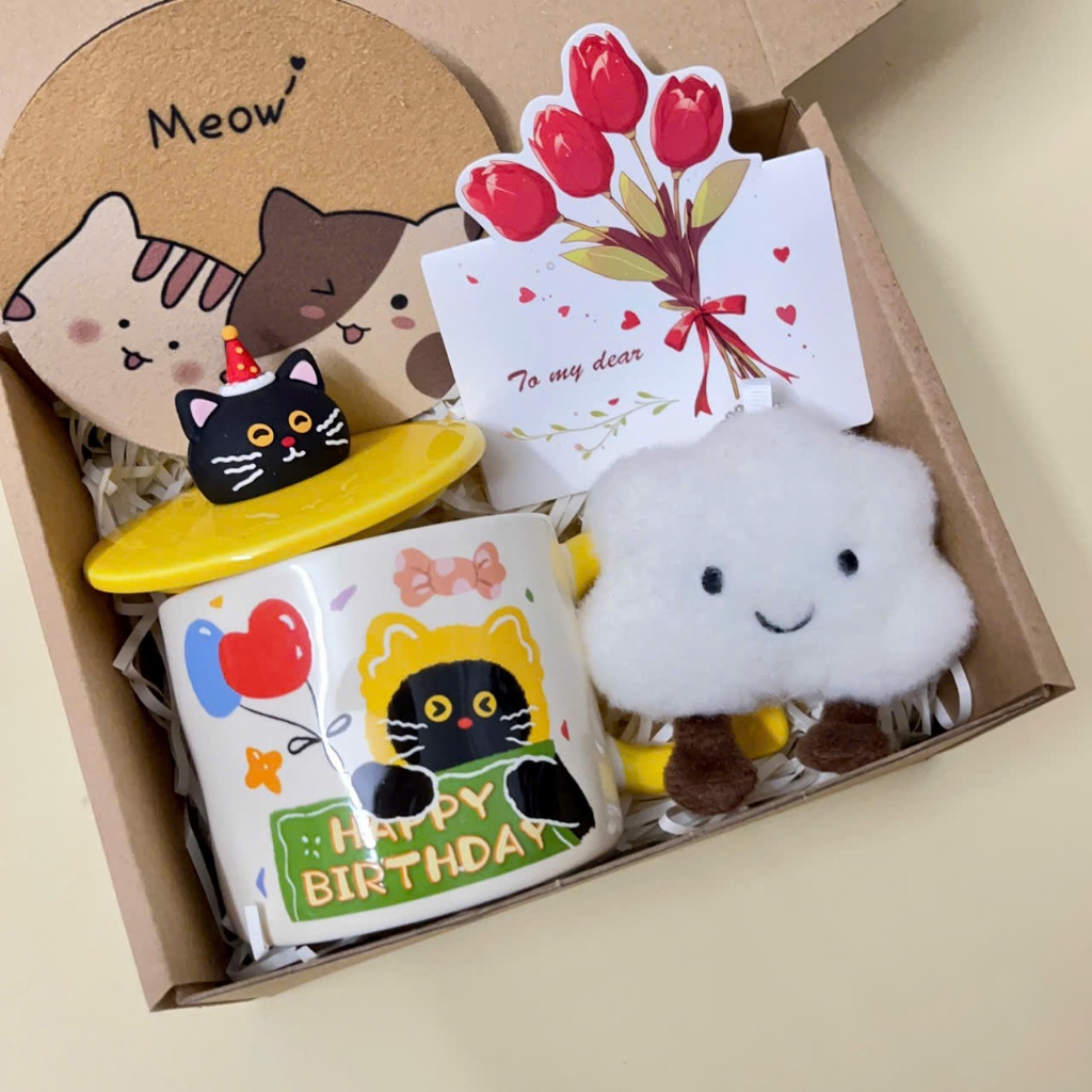 [Mới/Hỏa Tốc] Hộp quà tặng sinh nhật, bạn bè, người thân, set quà tặng cốc sứ mèo Happy siêu yêu